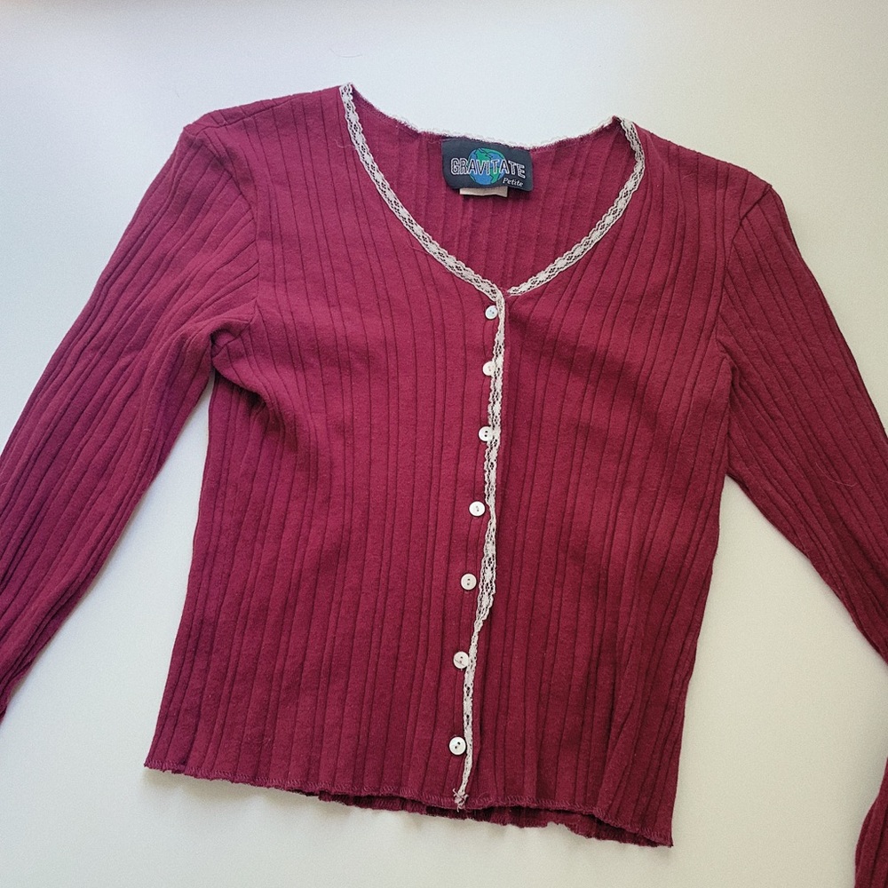 Vintage Gravitate Burgundy Lace Trim Ribbed Cardigan Petite M